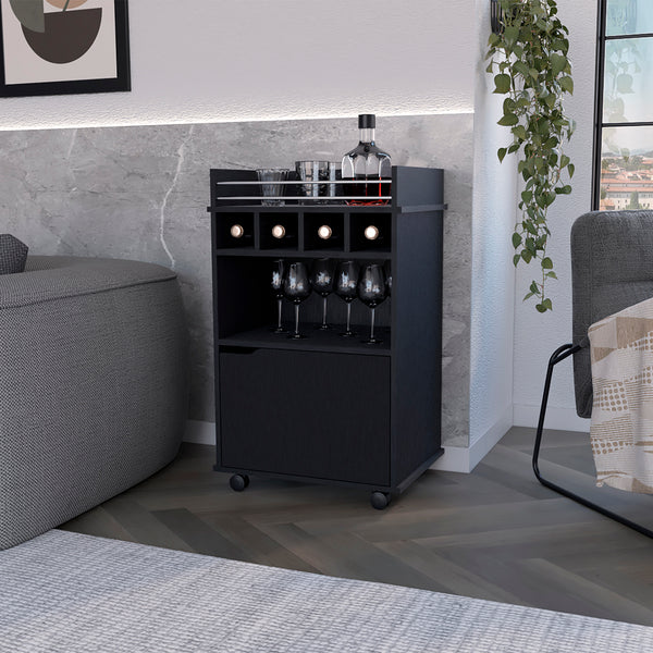 English Elm Bar Cart Kinsley Black - Engineered Wood Wine Storage with Bottle Slots, Cabinet & Open Shelf, Sleek Design B092P160275