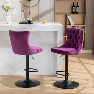 English Elm Swivel Velvet Barstools with Tufted Back and Hand-Hammered Rivets, Adjustable 25–33" Height Purple W1143P151487