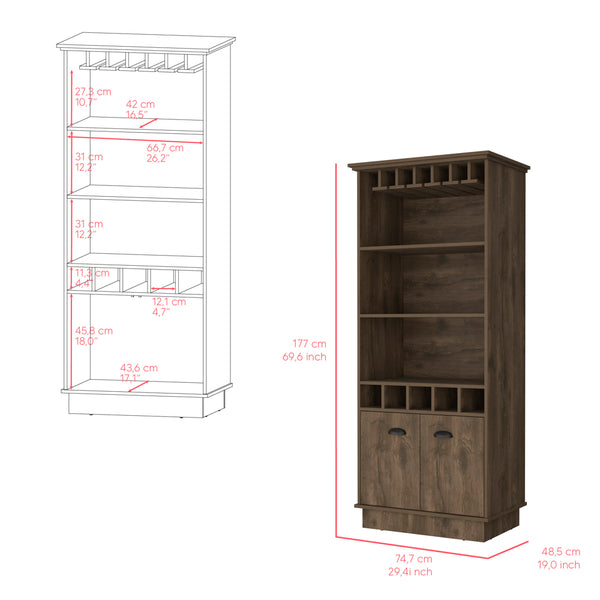 English Elm Bar Cabinet Taholah Dark Brown – Engineered Wood Bar with Glass Rack, Concealed Storage & Shelves for Entertaining (68.5"x22") B092S00256