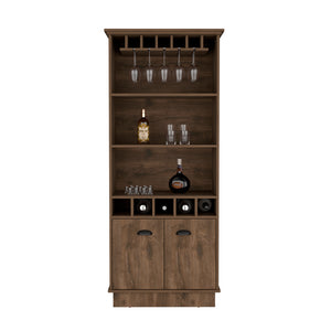 English Elm Bar Cabinet Taholah Dark Brown – Engineered Wood Bar with Glass Rack, Concealed Storage & Shelves for Entertaining (68.5"x22") B092S00256