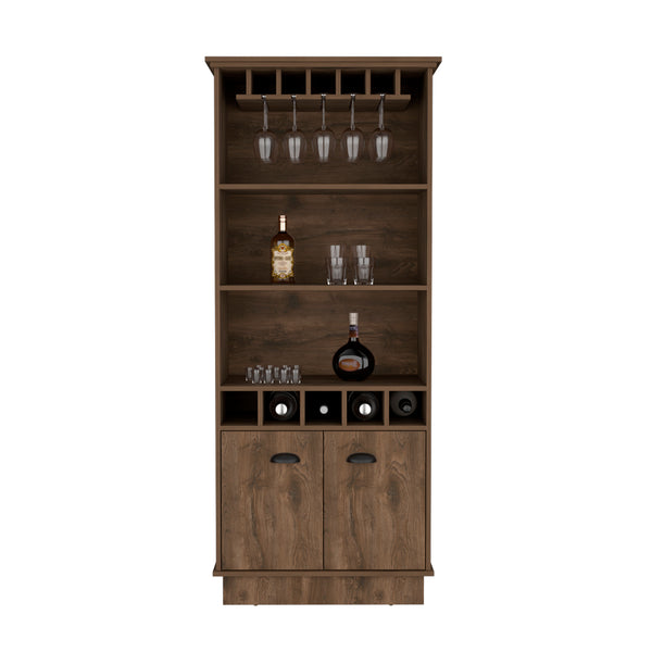 English Elm Bar Cabinet Taholah Dark Brown – Engineered Wood Bar with Glass Rack, Concealed Storage & Shelves for Entertaining (68.5"x22") B092S00256
