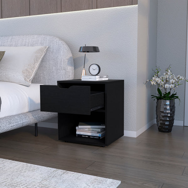 English Elm Nightstand Altheimer Black - Engineered Wood Bedside Table with Drawer & Open Shelf, Sturdy Design B092P160293
