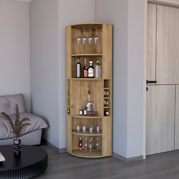 English Elm Bar Cabinet Jansen Macadamia Corner Bar Cabinet with Glass Rack, Beige Engineered Wood, Space-Saving B092S00261