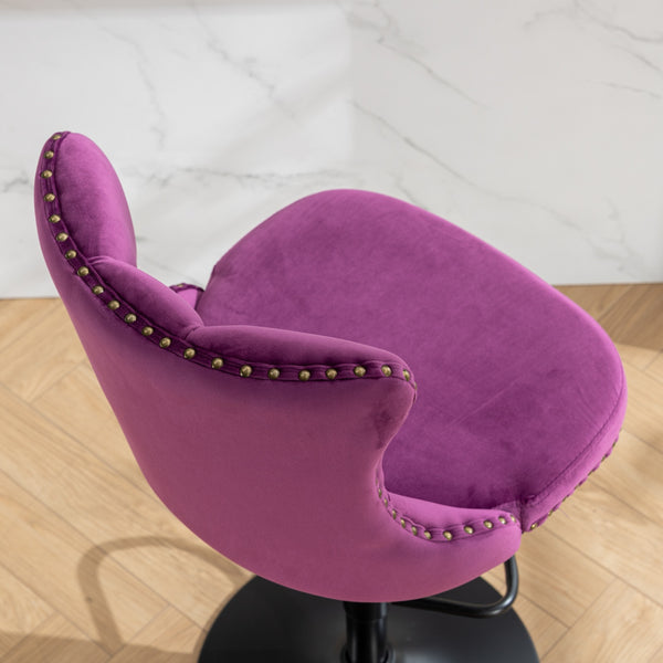 English Elm Swivel Velvet Barstools with Tufted Back and Hand-Hammered Rivets, Adjustable 25–33" Height Purple W1143P151487