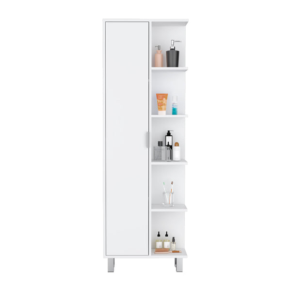 English Elm Linen Sandy Tall Bathroom Cabinet White – Slim Engineered Wood Storage, Tailored Compartments, Modern Handles B092P160282