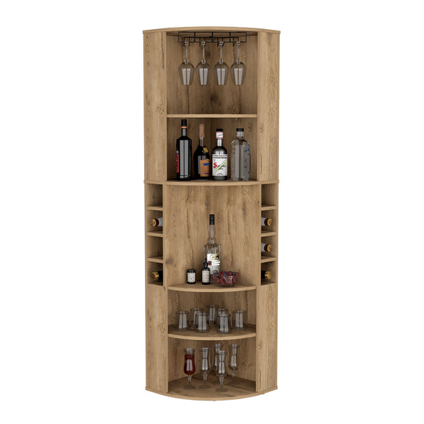 English Elm Bar Cabinet Jansen Macadamia Corner Bar Cabinet with Glass Rack, Beige Engineered Wood, Space-Saving B092S00261