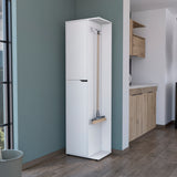 Broom and Mop Storage Cabinet in Elegant White Finish, Tall Kitchen Organizer, Durable Wood, 71.30