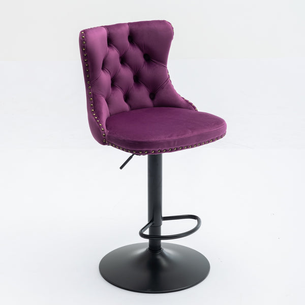 English Elm Swivel Velvet Barstools with Tufted Back and Hand-Hammered Rivets, Adjustable 25–33" Height Purple W1143P151487