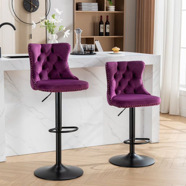 English Elm Swivel Velvet Barstools with Tufted Back and Hand-Hammered Rivets, Adjustable 25–33" Height Purple W1143P151487