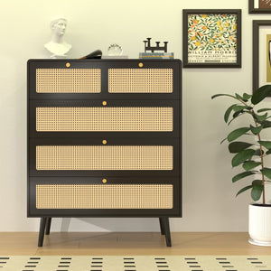 Hearth and Haven 4 Drawer Dresser, Modern Rattan Dresser Chest with Wide Drawers and Metal Handles, Farmhouse Wood Storage Chest Of Drawers For Bedroom, Living Room, Hallway, Entryway W2227P144261