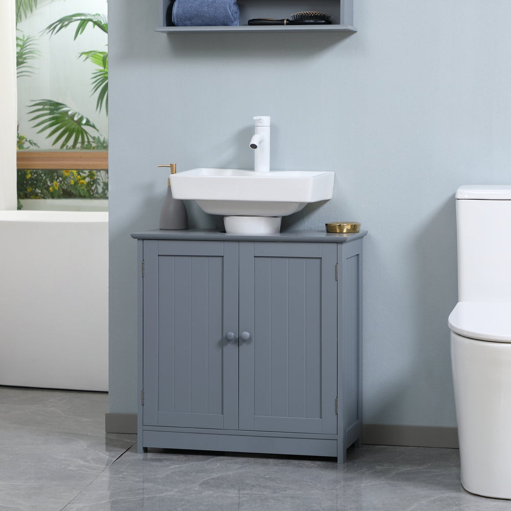 English Elm HOMCOM Pedestal Sink Cabinet Gray for Under Sink Storage with U-Shape Cutout, Adjustable Shelf, 23.5" H W2225P160354