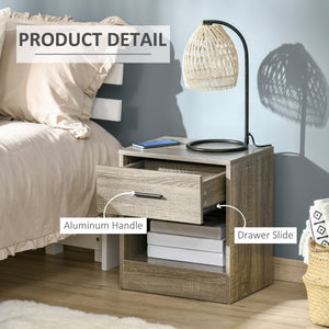 English Elm HOMCOM Modern Side Table with Drawer and Open Shelf, Gray Wood Grain Nightstand for Small Spaces W2225P160347