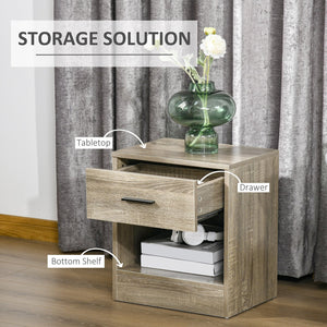 English Elm HOMCOM Modern Side Table with Drawer and Open Shelf, Gray Wood Grain Nightstand for Small Spaces W2225P160347