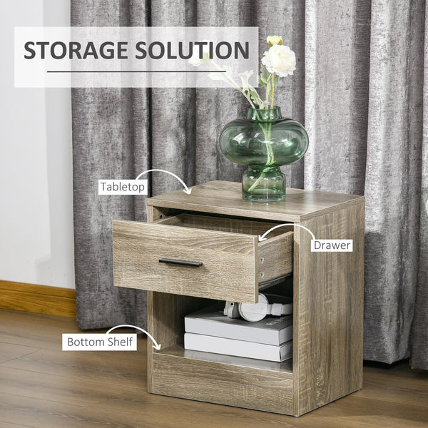 English Elm HOMCOM Modern Side Table with Drawer and Open Shelf, Gray Wood Grain Nightstand for Small Spaces W2225P160347