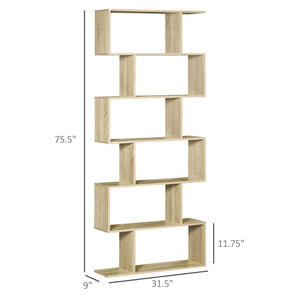 English Elm HOMCOM Contemporary 75.5"H S-Shaped 6-Shelf Bookcase Oak Vertical Storage Display Organizer, Space-Saving W2225P160358