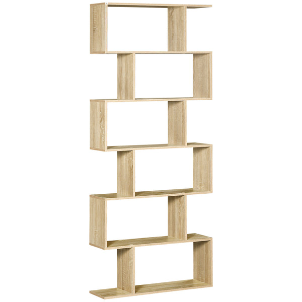 English Elm HOMCOM Contemporary 75.5"H S-Shaped 6-Shelf Bookcase Oak Vertical Storage Display Organizer, Space-Saving W2225P160358