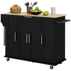English Elm HOMCOM Rubberwood Top Kitchen Island Cart on Wheels with Drawer, Spice & Towel Racks, Adjustable Shelves W2225P160370