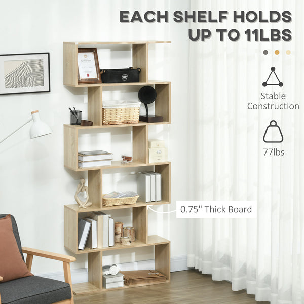 English Elm HOMCOM Contemporary 75.5"H S-Shaped 6-Shelf Bookcase Oak Vertical Storage Display Organizer, Space-Saving W2225P160358