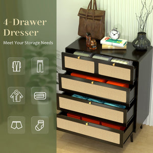 English Elm 4 Drawer Dresser Black - Modern Rattan-Front Chest with Wide Metal-Handle Drawers, Durable MDF Storage W2227P144261