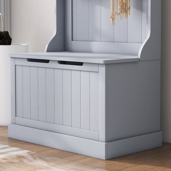 English Elm HOMCOM 3-in-1 Entryway Hall Tree Bench with 4 Double Hooks, Shoe Storage & Anti-Tip Design, Gray W2225P160367