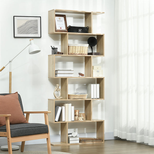 English Elm HOMCOM Contemporary 75.5"H S-Shaped 6-Shelf Bookcase Oak Vertical Storage Display Organizer, Space-Saving W2225P160358