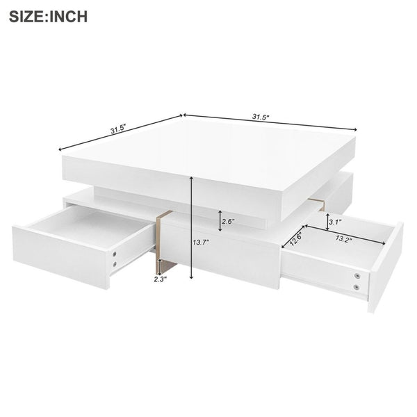 English Elm On-trend Square Coffee Table High Gloss White Top Wood Grain Legs Four Drawer Storage WF314582AAK