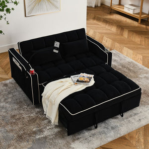 English Elm 55.51 Inch Velvet Convertible Sleeper Loveseat with Usb Port and Swivel Phone Stand W2353P151786