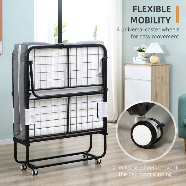 English Elm HOMCOM Foldaway Guest Bed with 4" Removable Foam Mattress, Steel Frame, Locking Wheels, 78.75"x35.5" W2225P160357