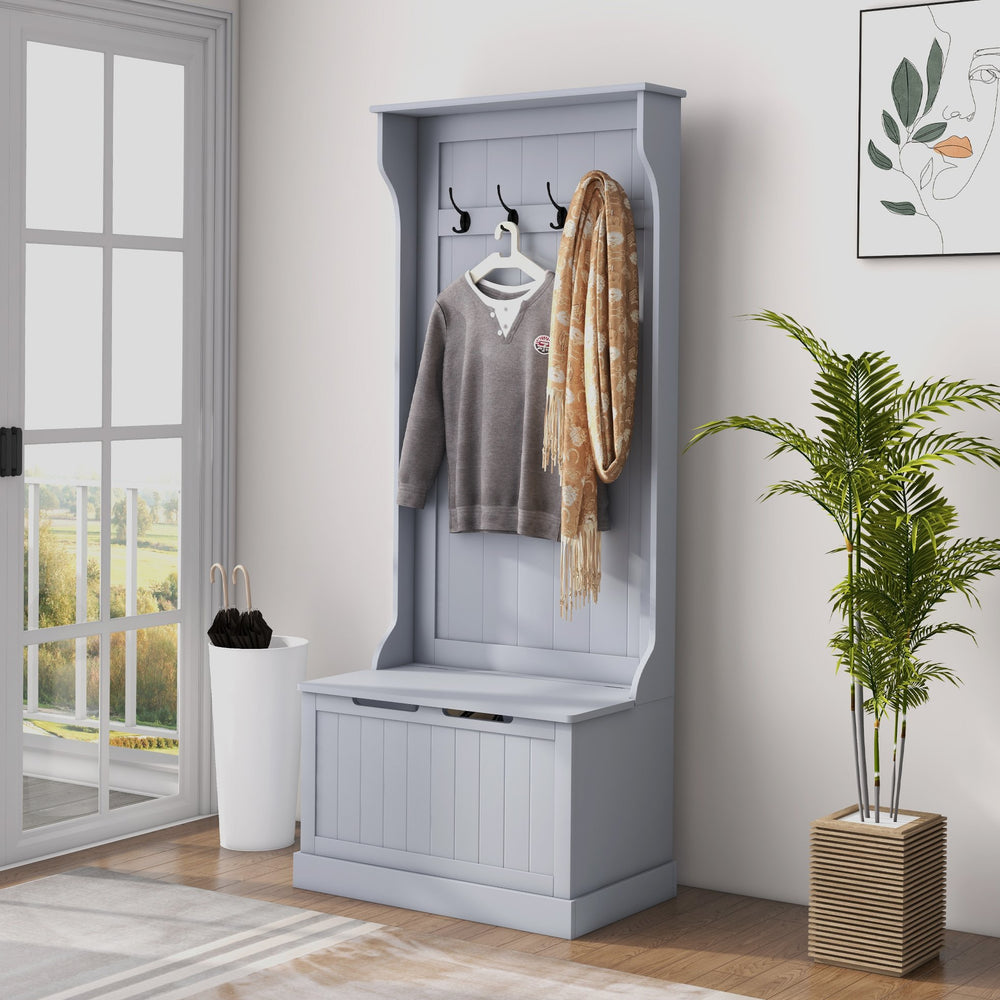 English Elm HOMCOM 3-in-1 Entryway Hall Tree Bench with 4 Double Hooks, Shoe Storage & Anti-Tip Design, Gray W2225P160367