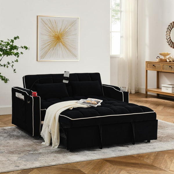 English Elm 55.51 Inch Velvet Convertible Sleeper Loveseat with Usb Port and Swivel Phone Stand W2353P151786