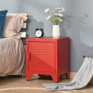 English Elm HOMCOM Industrial End Table Red with Locker-Style Door, Adjustable Steel Shelf, Anti-Tip, Sturdy Design W2225P160356
