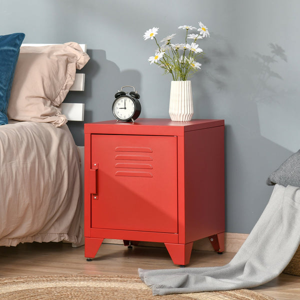 English Elm HOMCOM Industrial End Table Red with Locker-Style Door, Adjustable Steel Shelf, Anti-Tip, Sturdy Design W2225P160356