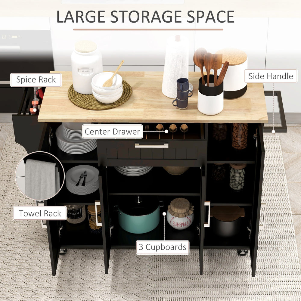English Elm HOMCOM Rubberwood Top Kitchen Island Cart on Wheels with Drawer, Spice & Towel Racks, Adjustable Shelves W2225P160370