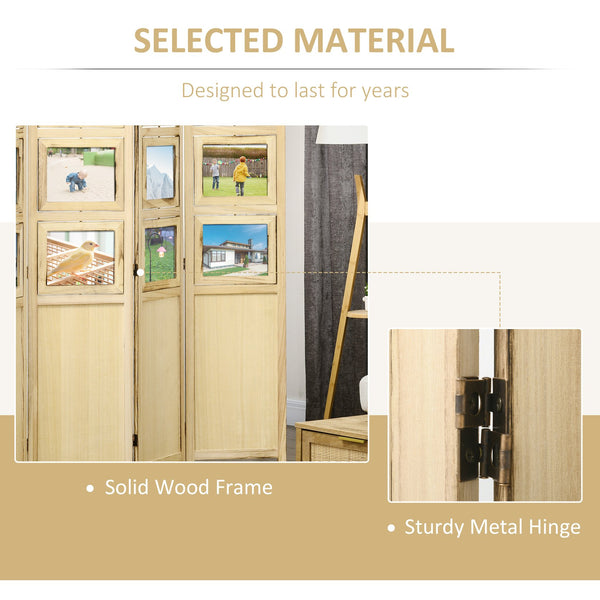 English Elm HOMCOM 4-Panel Wood Room Divider with 5x7 Rotating Photo Frames, Folding Privacy Screen 67"H Durable Natural W2225P160345