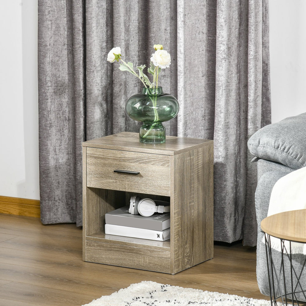 English Elm HOMCOM Modern Side Table with Drawer and Open Shelf, Gray Wood Grain Nightstand for Small Spaces W2225P160347