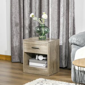 English Elm HOMCOM Modern Side Table with Drawer and Open Shelf, Gray Wood Grain Nightstand for Small Spaces W2225P160347