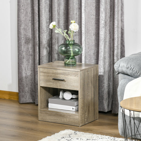 English Elm HOMCOM Modern Side Table with Drawer and Open Shelf, Gray Wood Grain Nightstand for Small Spaces W2225P160347