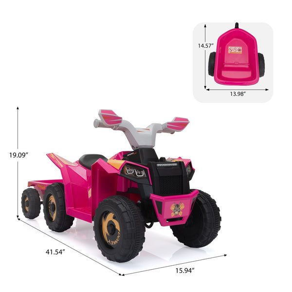 English Elm 6v Kids Ride on Atv Toddler Electric Car with Detachable Trailer and Bluetooth Audio Rose W2181P160390