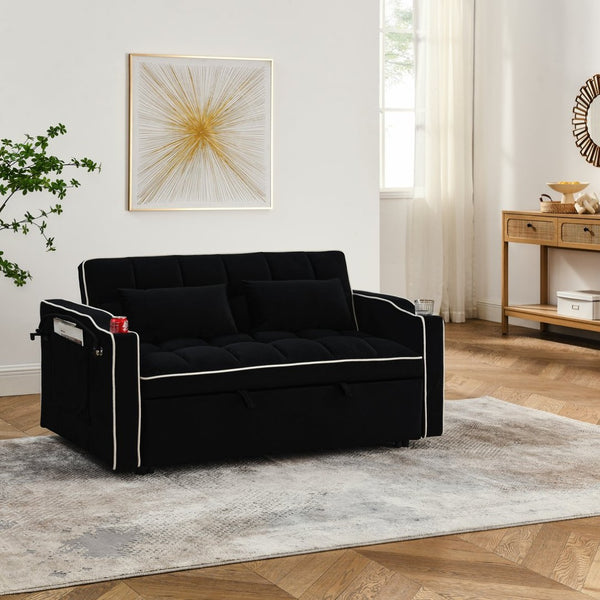 English Elm 55.51 Inch Velvet Convertible Sleeper Loveseat with Usb Port and Swivel Phone Stand W2353P151786
