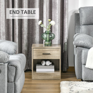 English Elm HOMCOM Modern Side Table with Drawer and Open Shelf, Gray Wood Grain Nightstand for Small Spaces W2225P160347