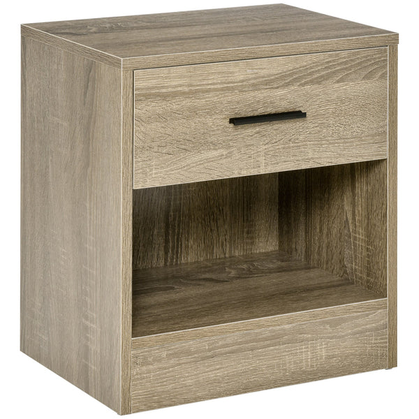 English Elm HOMCOM Modern Side Table with Drawer and Open Shelf, Gray Wood Grain Nightstand for Small Spaces W2225P160347