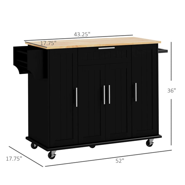 English Elm HOMCOM Rubberwood Top Kitchen Island Cart on Wheels with Drawer, Spice & Towel Racks, Adjustable Shelves W2225P160370