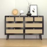 6 Drawer Dresser, Modern Rattan Dresser Chest with Wide Drawers and Metal Handles, Farmhouse Wood Storage Chest Of Drawers For Bedroom, Living Room, Hallway, Entryway