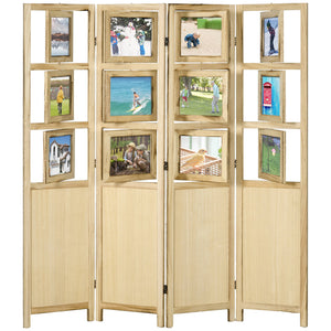 English Elm HOMCOM 4-Panel Wood Room Divider with 5x7 Rotating Photo Frames, Folding Privacy Screen 67"H Durable Natural W2225P160345
