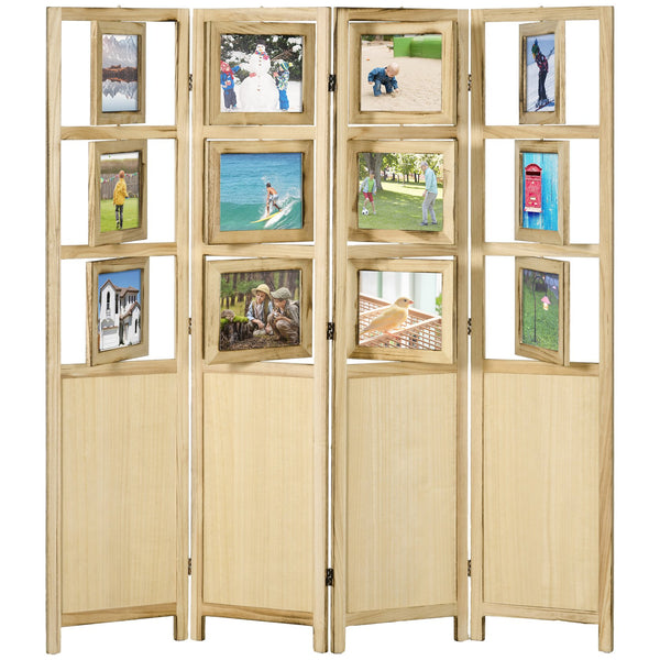 English Elm HOMCOM 4-Panel Wood Room Divider with 5x7 Rotating Photo Frames, Folding Privacy Screen 67"H Durable Natural W2225P160345
