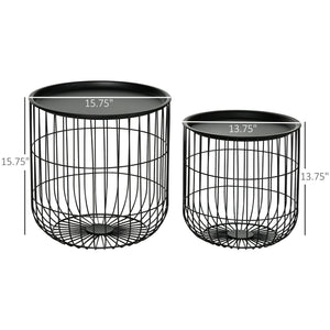 English Elm HOMCOM Round Nesting Coffee Tables Set of 2 — Steel Wired Basket Storage, Removable Tops, Black W2225P160344