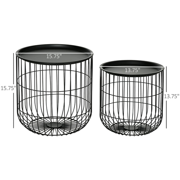 English Elm HOMCOM Round Nesting Coffee Tables Set of 2 — Steel Wired Basket Storage, Removable Tops, Black W2225P160344
