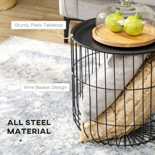 English Elm HOMCOM Round Nesting Coffee Tables Set of 2 — Steel Wired Basket Storage, Removable Tops, Black W2225P160344