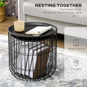 English Elm HOMCOM Round Nesting Coffee Tables Set of 2 — Steel Wired Basket Storage, Removable Tops, Black W2225P160344