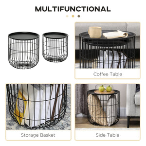 English Elm HOMCOM Round Nesting Coffee Tables Set of 2 — Steel Wired Basket Storage, Removable Tops, Black W2225P160344
